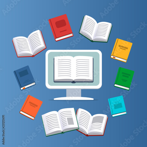 Laptop with the flying books on the background. Modern online education concept. Home education. College homework. Studying at home with computer.