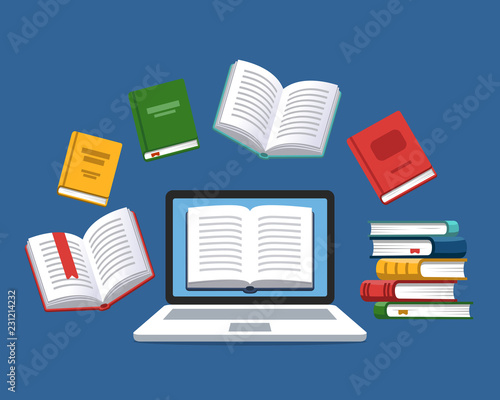 Laptop with the flying books on the background. Modern online education concept. Home education. College homework. Studying at home with computer.