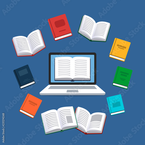 Laptop with the flying books on the background. Modern online education concept. Home education. College homework. Studying at home with computer.