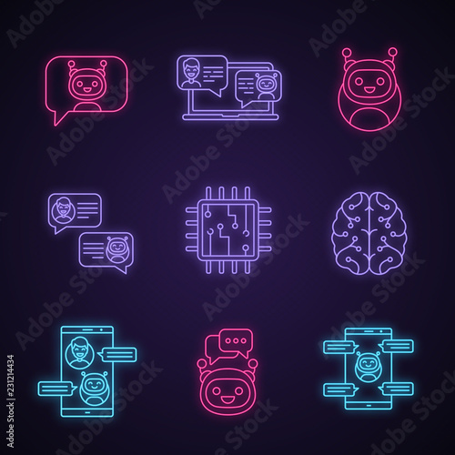 Chatbots neon light icons set