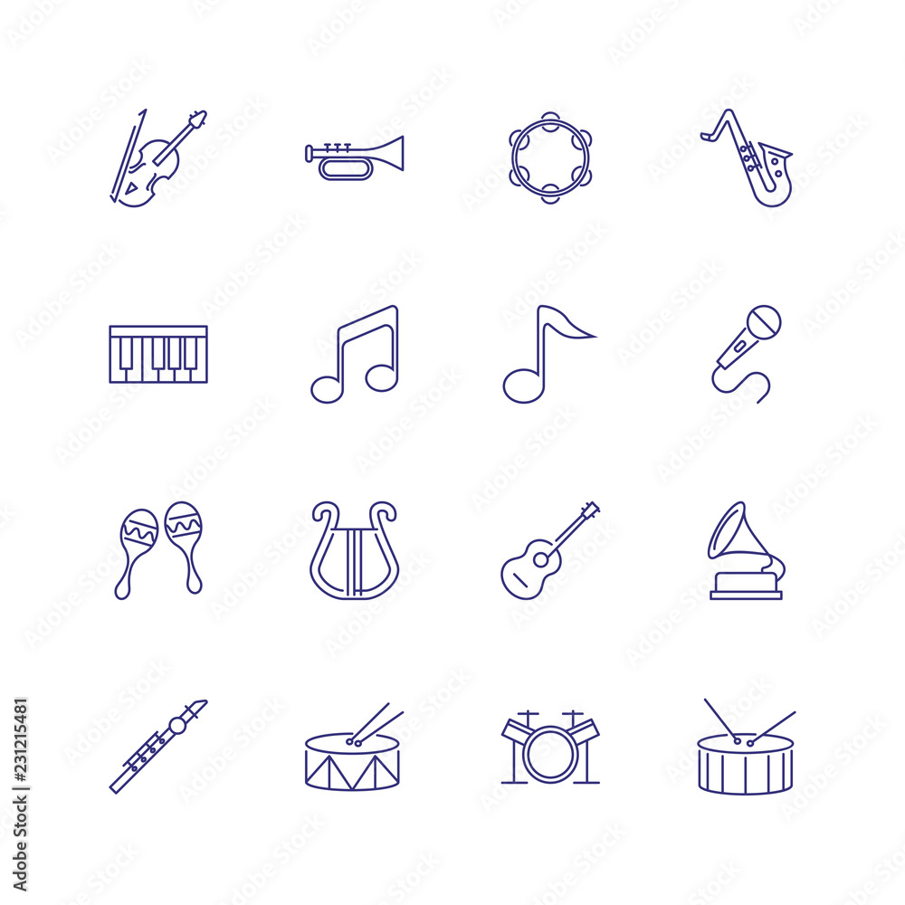 Musical instruments icons. Set of line icons on white background. Music band, concert, orchestra. Music concept. Vector can be used for topics like leisure, performance, art Musical instruments icons. Set of line icons on white background. Music band, concert, orchestra. Music concept. Vector can be used for topics like leisure, performance, art