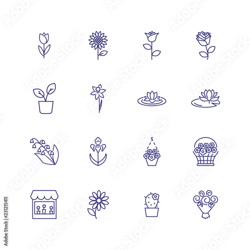 Flower icons. Set of line icons on white background. Flower shop, houseplant, flower basket. Floriculture concept. Vector can be used for topics like plants, botany, gardening