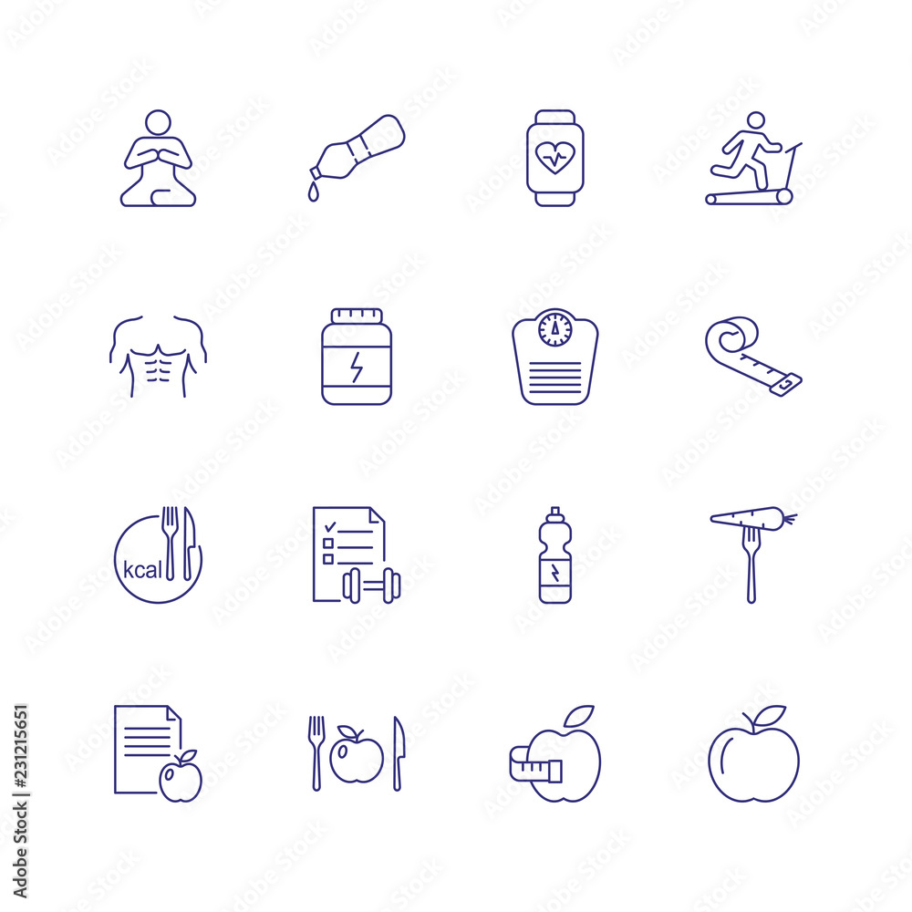 Fototapeta premium Losing weight concept. Set of line icons on white background. Dieting, fitness, training. Healthy lifestyle concept. Vector can be used for topics like wellbeing, body care, sport