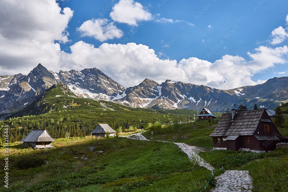 The glade with the shepherds' shacks in the High Tatras in Poland.