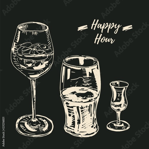Happy hour drinks set. Vector illustration, chalk on blackboard style. Wine glass with a cocktail, beer glass, grappa glass