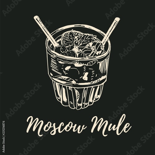 Vector illustration for menu design in vintage style, drawing with chalk on blackboard. Moscow Mule cocktail illustration.