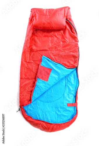 Sleeping bag on white background, top view. Camping equipment