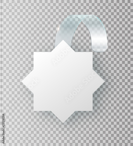 Blank white wobbler hang on wall mock up, 3d rendering. Space round paper mockup on plastic transparent strip. Clear price sticker star shape.