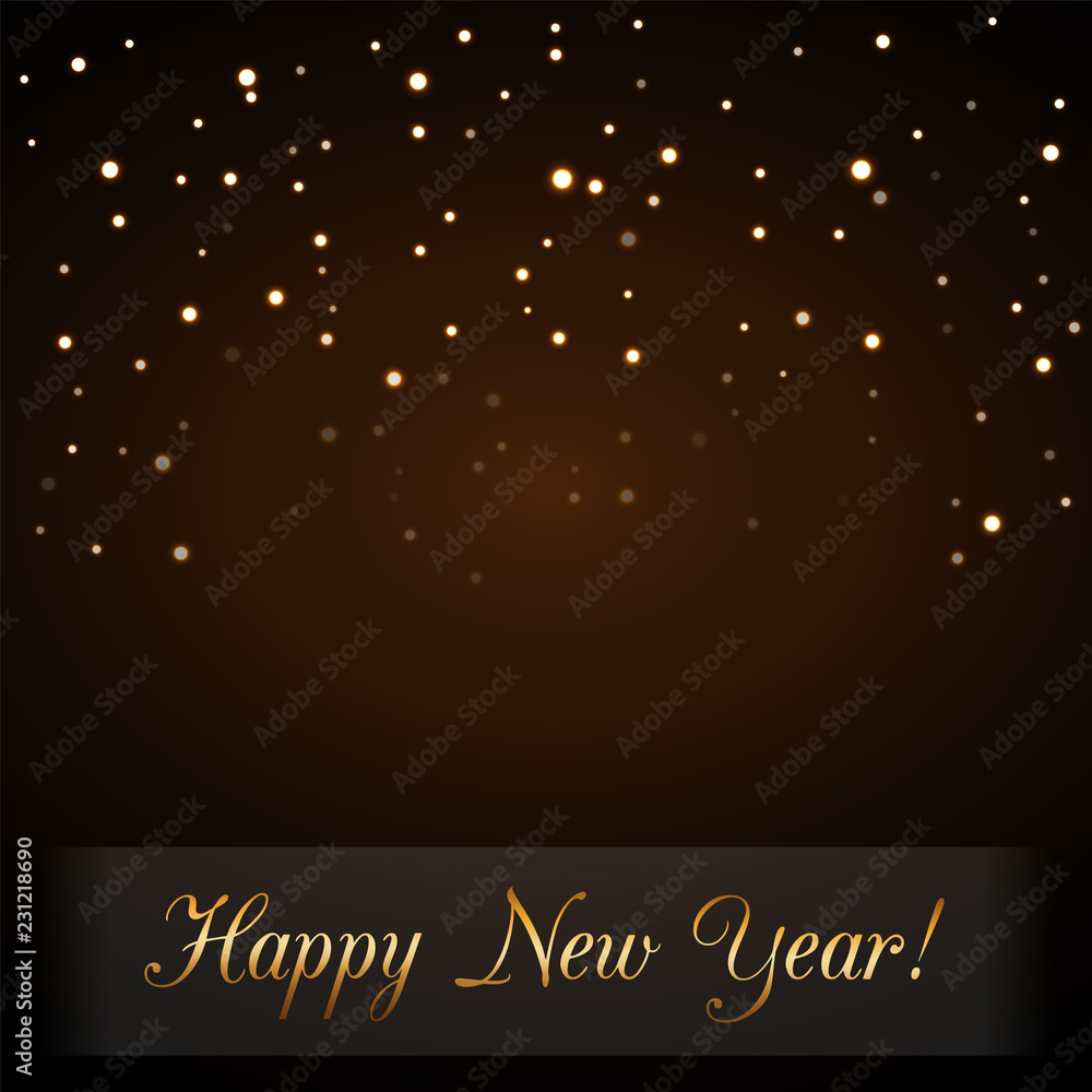 Happy New Year background with magic gold rain. Golden text for card. Christmas design light, vibrant, glow and sparkle, glitter. Symbol of wish, celebration. Luxury decoration. Vector illustration Happy New Year background with magic gold rain. Golden text for card. Christmas design light, vibrant, glow and sparkle, glitter. Symbol of wish, celebration. Luxury decoration. Vector illustration