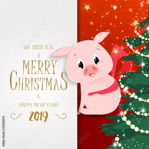 Christmas and New Year poster design. Cute piggy with bow and sparkling Xmas tree on red background. Template can be used for banners, greetings, invitation cards