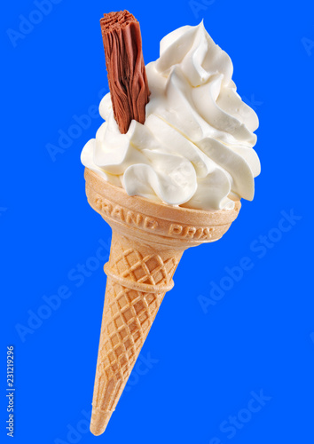 VANILLA ICE CREAM CONE WITH FLAKE ON BLUE