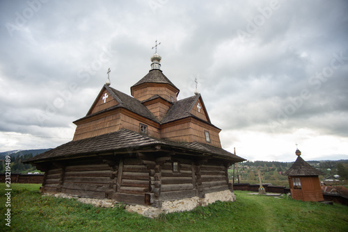 Church of the Nativity of the Blessed Virgin Mary. Old wooden church in the Ukrainian village. Vorohta, Ukraine.