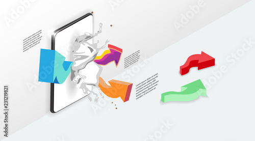 colored arrows fly out of the phone screen in orthogonal projection