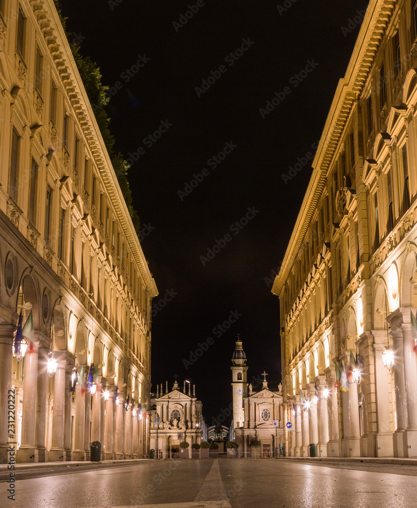 Turin in the night, city life in center