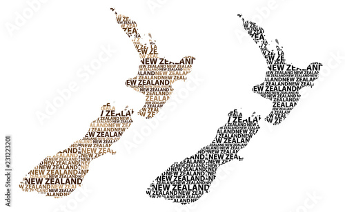 Sketch New Zealand letter text map, New Zealand - in the shape of the continent, Map New Zealand - brown and black vector illustration