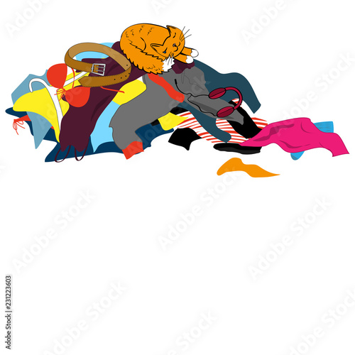 Messy clothing pile with a sleeping cat. Funny illustration about tidying up with place for text. Vector background