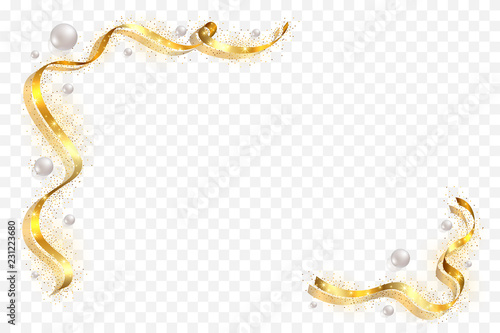 Gold ribbon frame. Golden serpentine design. Decorative streamer border, isolated transparent white background. Decoration for Christmas, carnival, holiday celebration, birthday. Vector illustration