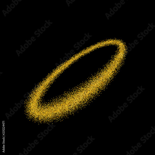 Gold circle. Light glitter effect. Golden ring, isolated black background. Ellipse magic element. Foil texture. Christmas shine decoration, round frame, New Year greeting design. Vector illustration