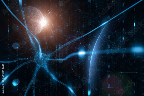 Artistic blue colored neuron in the brain with digital cyberspace network illustration background. photo