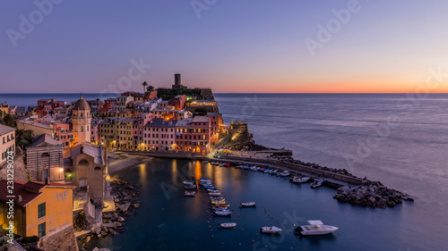 Colorful aerial view of the historic center of Vernazza after sunset  Cinque Terre park  Liguria  Italy