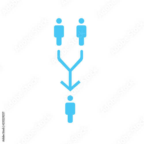 structure of company icon, three people, business report concept. two level hierarchy with an split arrow down. vector illustration isolated on white background.