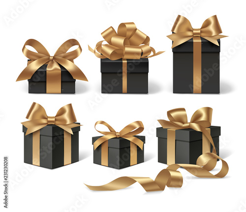 Set of decorative black gift boxes with golden bow for black friday sale design. Vector illustration. Holiday object isolated on white