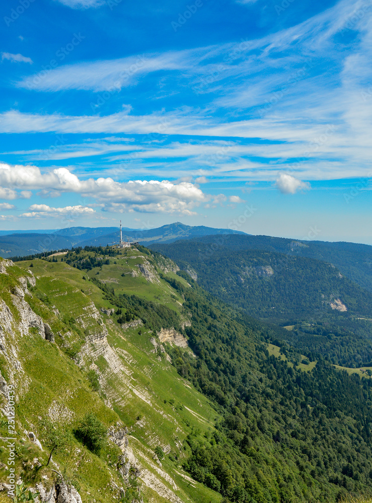 Naklejka premium Refuge on the edge of a rocky cliff in Jura mountains in France.