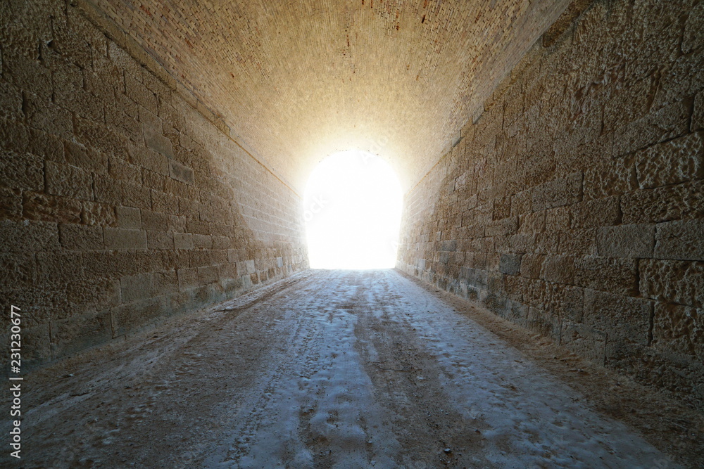 Fototapeta premium Inside a tunnel with bright light at the end, natural scene, L'Ametlla de Mar, Tarragona, Catalonia, Spain