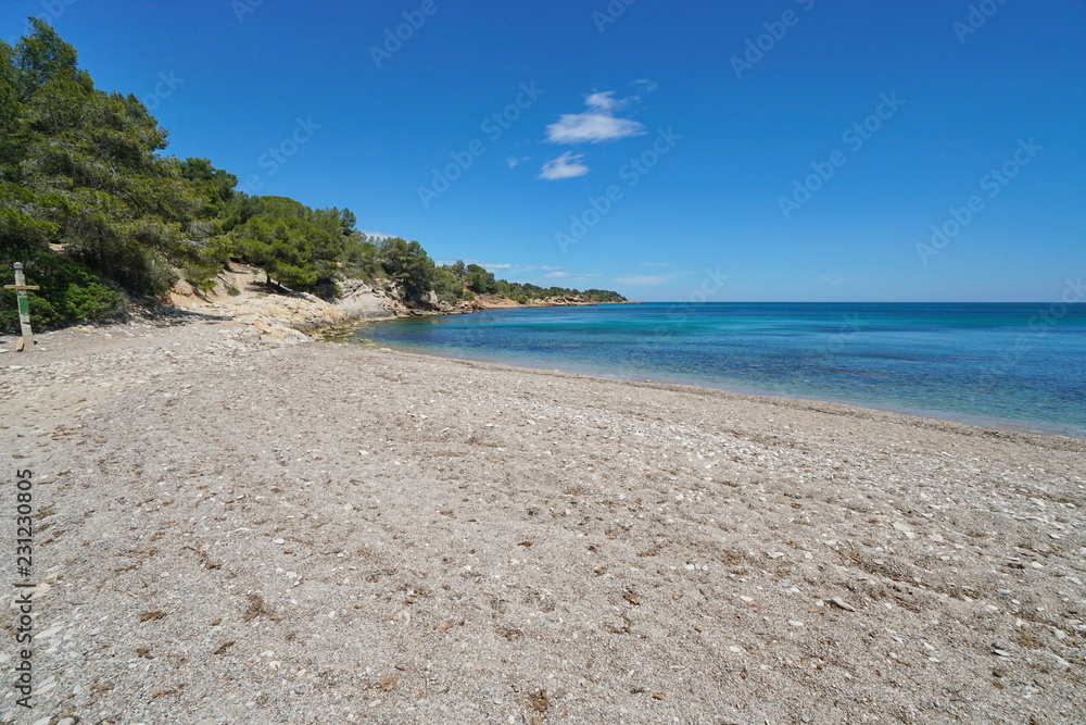 Spain beach on the Costa Dorada, Platja de l'Aliga, Mediterranean sea, Catalonia, L'Ametlla de Mar, Tarragona