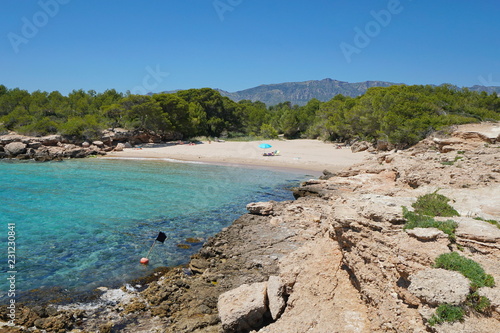 Spain peaceful small beach on the Costa Dorada, Cala lo Ribellet, Calafat, Mediterranean sea, Catalonia, L'Ametlla de Mar, Tarragona photo