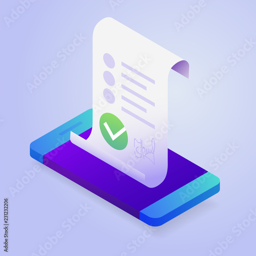 Blockchain, smart contract concept. Online business with digital signature. 3d isometric illustration.