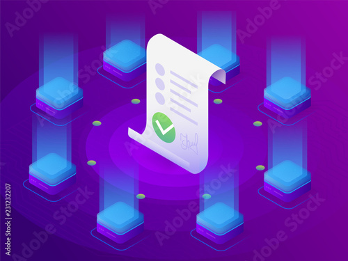 Blockchain, smart contract concept. Online business with digital signature. 3d isometric illustration.