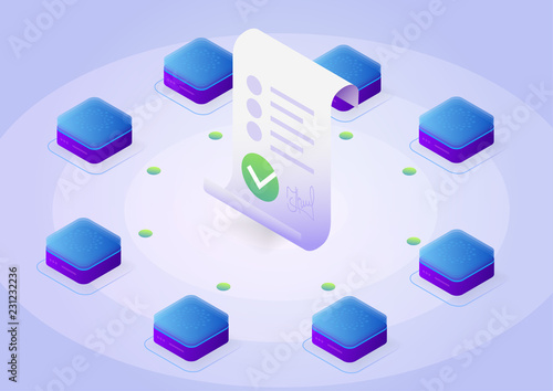 Blockchain, smart contract concept. Online business with digital signature. 3d isometric illustration.