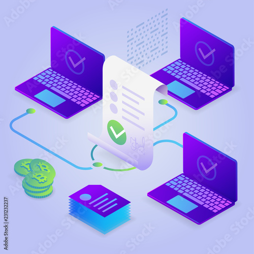 Blockchain, smart contract concept. Online business with digital signature. 3d isometric illustration.