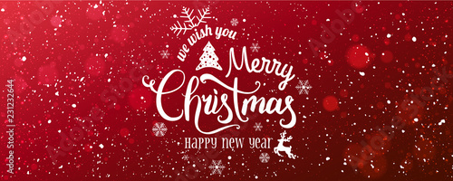 Christmas and New Year Typographical on snowy Xmas background with snowflakes, light, stars. Merry Christmas card. Vector