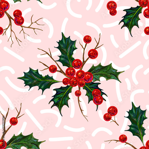 Seamless pattern with Christmas holly berries. Holiday background. Perfect for wallpapers, pattern fills, web page backgrounds, surface textures, textile