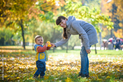 Happy young mother playing with baby in autumn park with yellow maple leaves .Family walking outdoors in autumn. Little boy with her mother playing in the park in autumn
