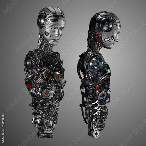 robot concept or very detailed cyborg design. Isolated on gray background. 3d render