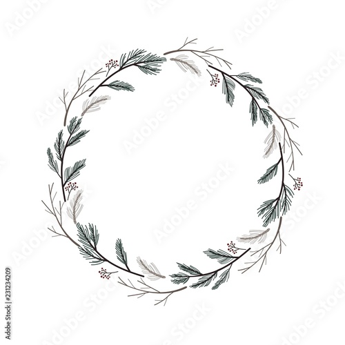 Hand drawn winter nature wreath of pine branches and berries. Vector illustration.