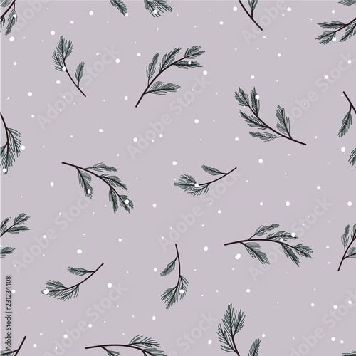 Winter nature seamless pattern. Pine branches on snowy background. Vector. Wrapping paper.