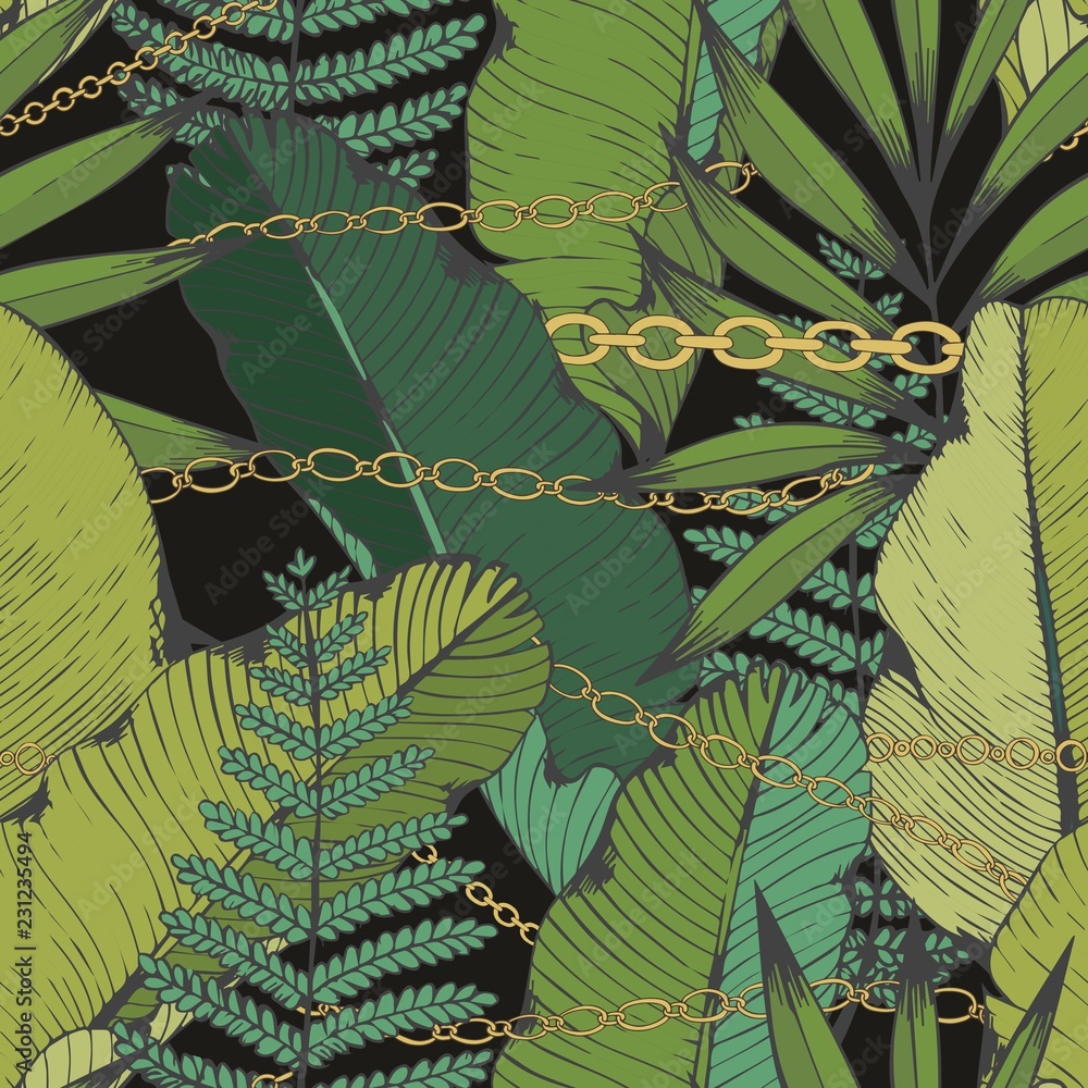 Fototapeta Tropical leaves and chains. Vector seamless pattern. Hand drawing.