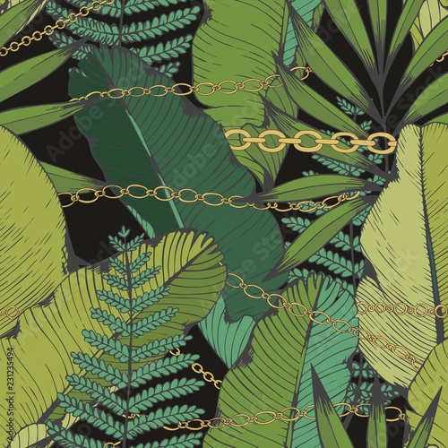 Tropical leaves and chains. Vector seamless pattern. Hand drawing.