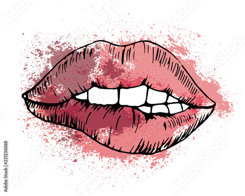 Sketch vector drawing, bitten lip on the background of bright pink watercolor stains