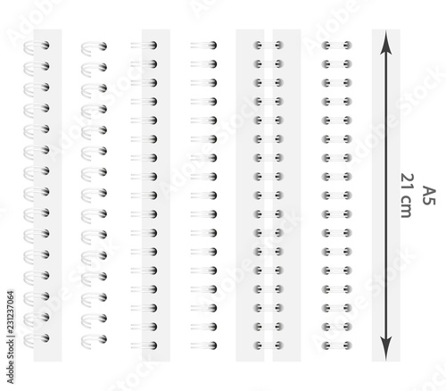 Vector set of realistic images (mock -up, layout) of white spirals for a notebook: a top view, a perspective view, a spiral of an open notepad with round holes on paper, for A5 format. EPS 10. 