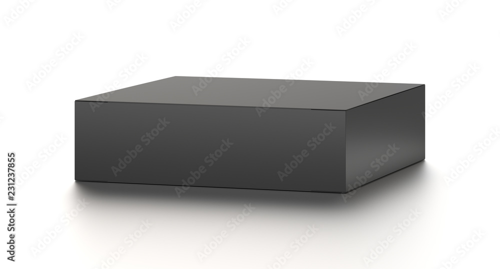 Black horizontal blank box from front top far angle. 3D illustration isolated on white background. Black horizontal blank box from front top far angle. 3D illustration isolated on white background.