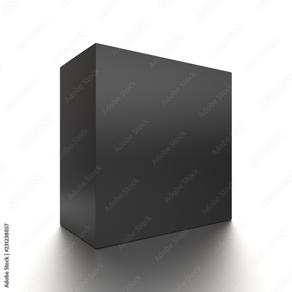 Black horizontal blank box from front side angle. 3D illustration isolated on white background. Black horizontal blank box from front side angle. 3D illustration isolated on white background.