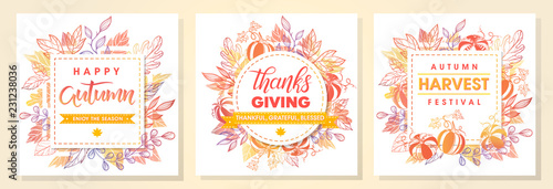 Autumn seasonals postes with autumn leaves and floral elements in fall colors.Autumn greetings cards perfect for prints,flyers,banners,invitations,promotions and more.Vector autumn illustration..