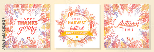 Autumn seasonals postes with autumn leaves and floral elements in fall colors.Autumn greetings cards perfect for prints flyers banners invitations promotions and more.Vector autumn illustration..