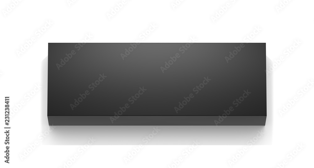 Black long horizontal thin blank box from top far angle. 3D illustration isolated on white background. Black long horizontal thin blank box from top far angle. 3D illustration isolated on white background.