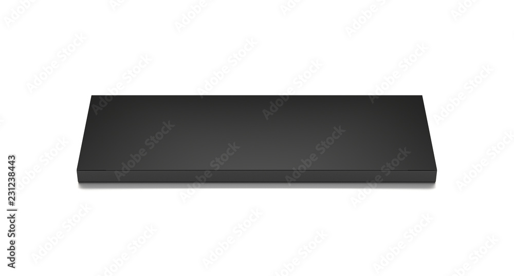 Black long horizontal thin blank box from front top angle. 3D illustration isolated on white background. Black long horizontal thin blank box from front top angle. 3D illustration isolated on white background.